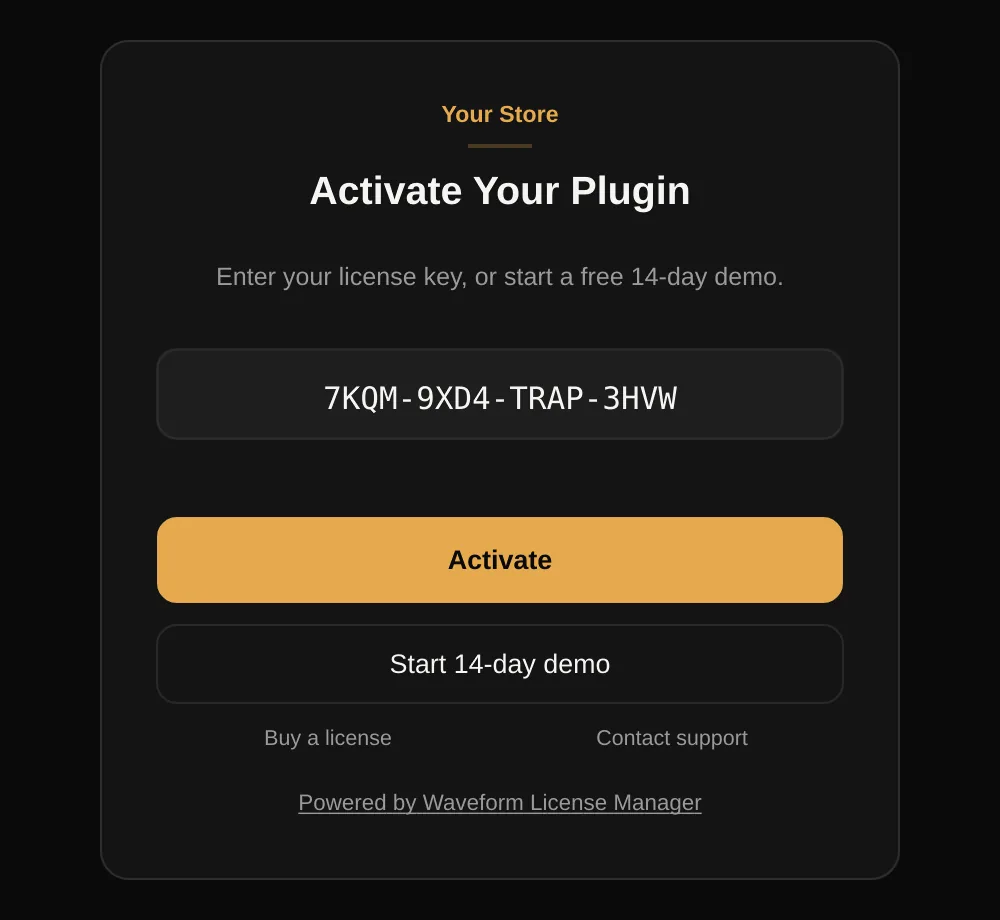 The activation screen inside a plugin: a license key field, an Activate button, a Start 14-day demo button and links to buy a license or contact support.