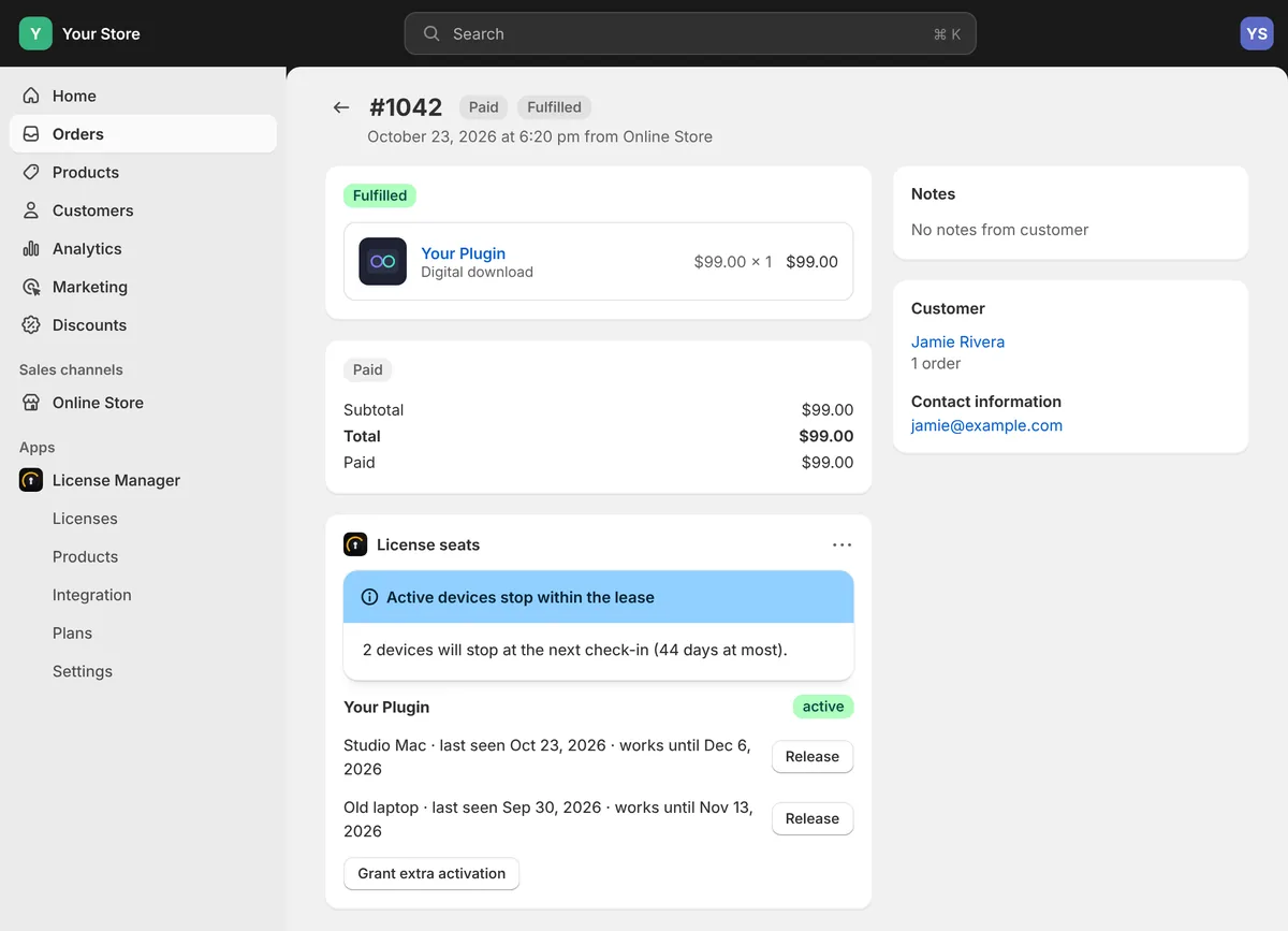 A paid Shopify order with the License seats block: a note that active devices stop within the lease, and two devices, Studio Mac and Old laptop, each with a Release button, plus Grant extra activation.