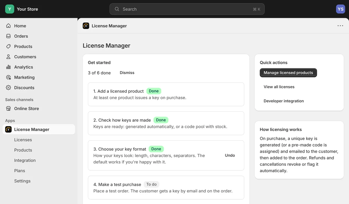 The app's home screen in Shopify admin: the Get started guide at 3 of 6 done, with adding a product, checking how keys are made and choosing a key format done, and a test purchase next.