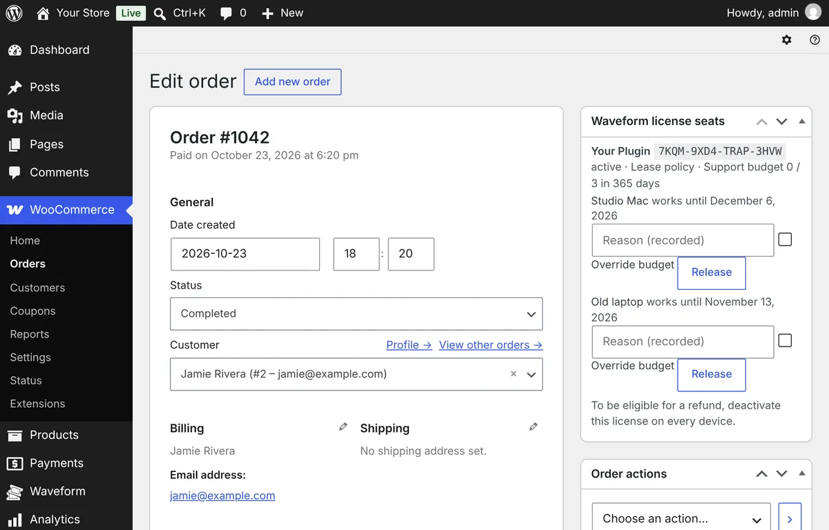 A completed WooCommerce order with the Waveform license seats box: the key, the lease policy, and two devices, Studio Mac and Old laptop, each with a Release button and a reason field.
