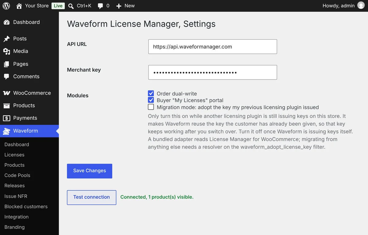 The plugin's Settings screen in WordPress: the API URL and merchant key filled in, the order and My Licenses modules switched on, and Test connection reporting Connected, 1 product(s) visible.
