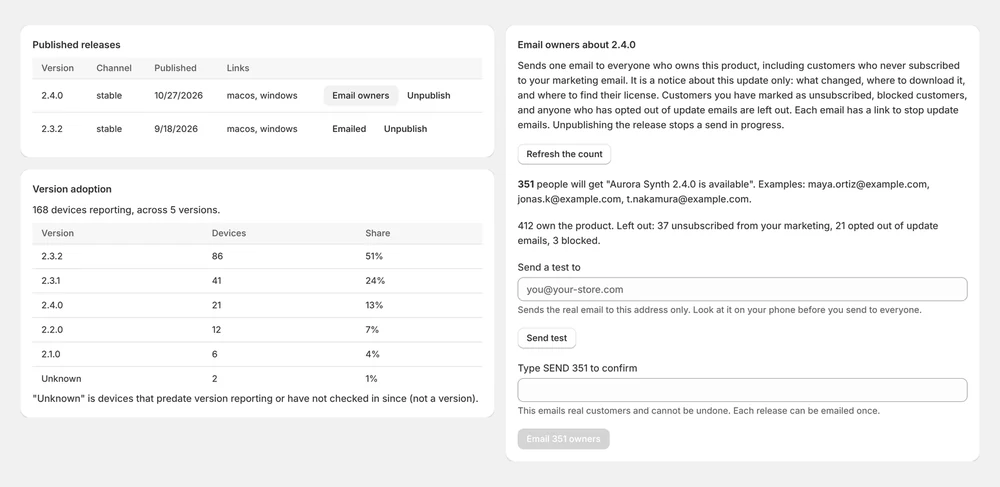 The Releases page with example data. Published releases lists 2.4.0 and 2.3.2. Version adoption shows 168 devices across 5 versions, led by 2.3.2 at 51 percent. An Email owners panel shows 351 people will get the announcement and asks the owner to type SEND 351 to confirm.